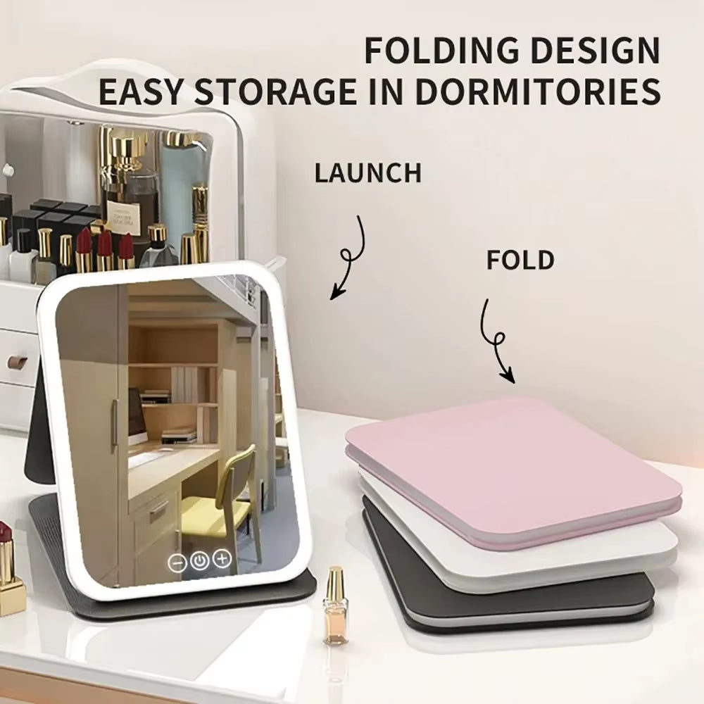 USB Rechargeable Vanity Mirror with Touch Screen, 3 Color LED Lights & Dimming, Portable Folding Makeup Mirror for Home & Travel