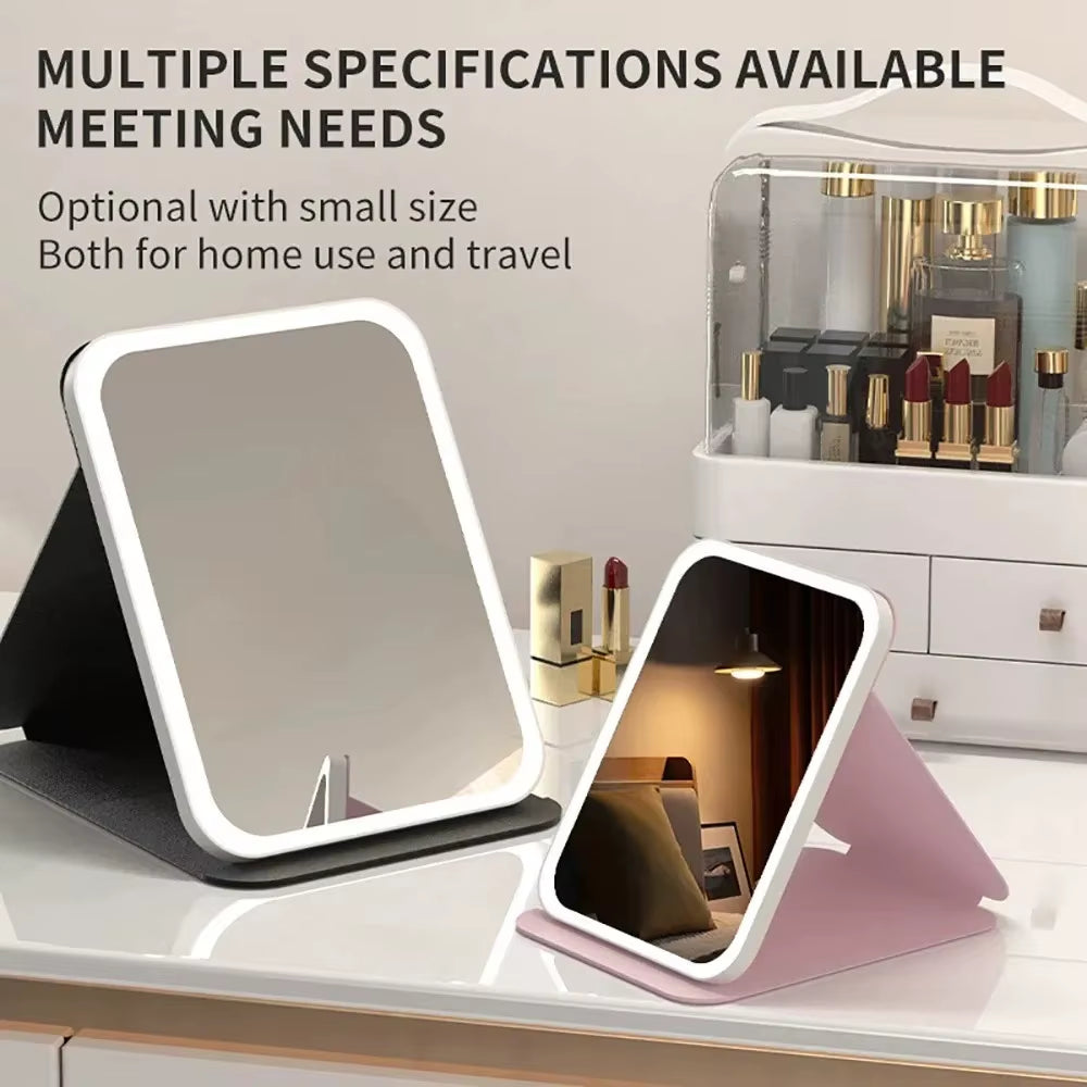 USB Rechargeable Vanity Mirror with Touch Screen, 3 Color LED Lights & Dimming, Portable Folding Makeup Mirror for Home & Travel