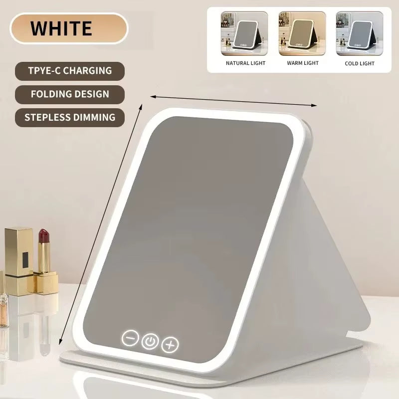 USB Rechargeable Vanity Mirror with Touch Screen, 3 Color LED Lights & Dimming, Portable Folding Makeup Mirror for Home & Travel