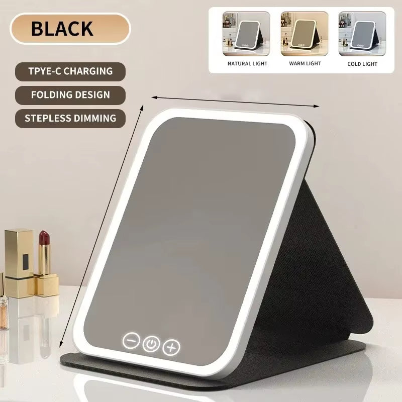 USB Rechargeable Vanity Mirror with Touch Screen, 3 Color LED Lights & Dimming, Portable Folding Makeup Mirror for Home & Travel