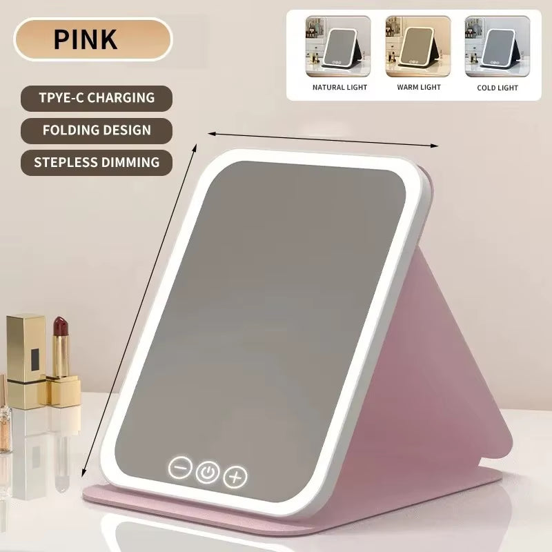 USB Rechargeable Vanity Mirror with Touch Screen, 3 Color LED Lights & Dimming, Portable Folding Makeup Mirror for Home & Travel